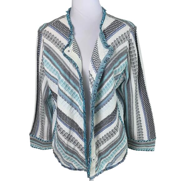 NEW Chico's Size 2 US L Cotton Sweater Jacket 3/4 Sleeve Lightweight Blue White - Picture 1 of 12